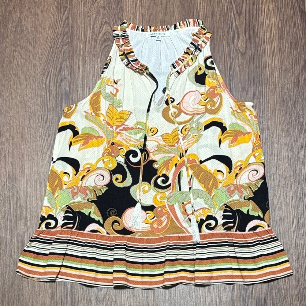 Rose & Olive Boho Ruffle Floral Tank Blouse Multicolor Size M